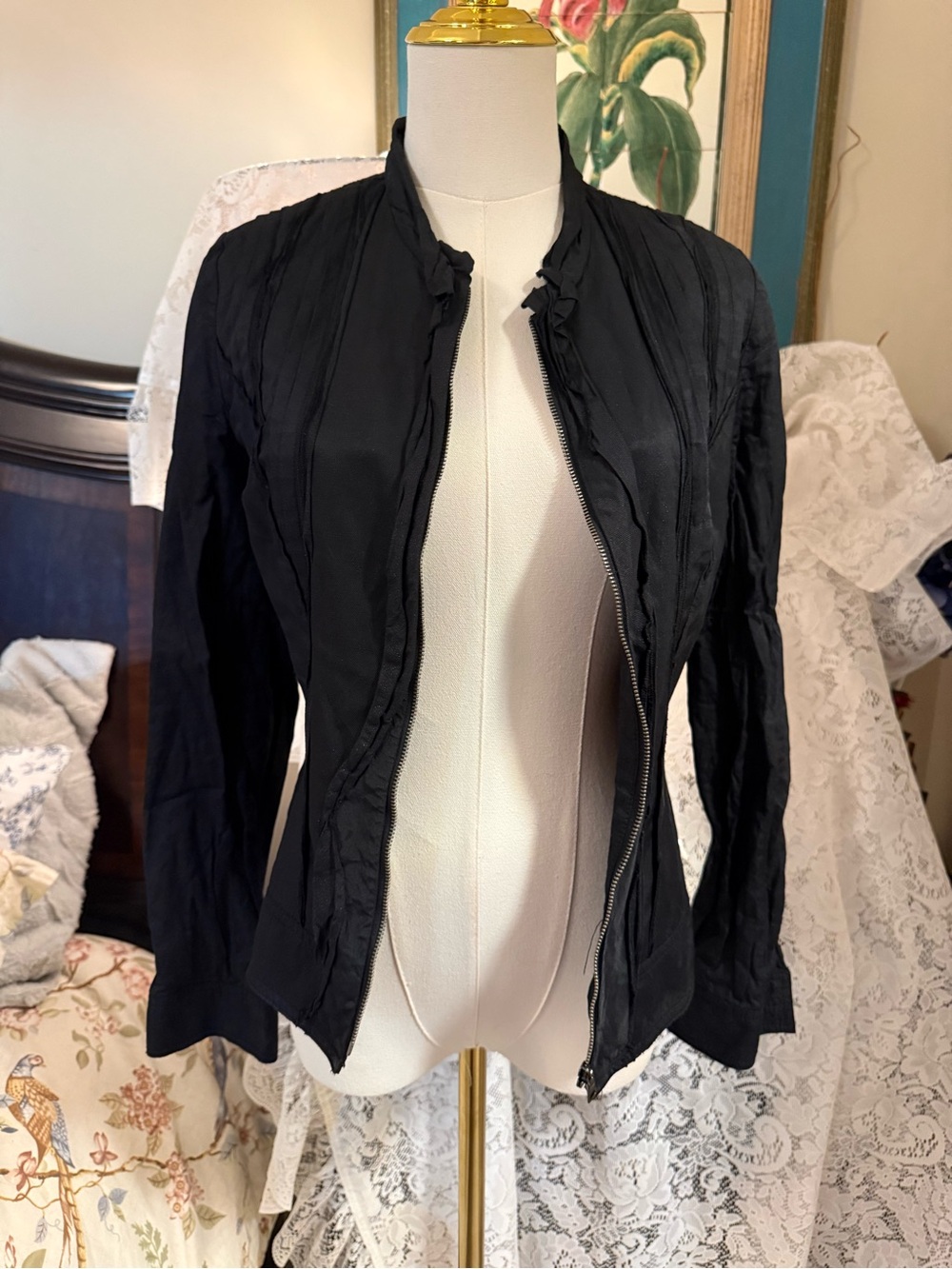 Tahari Black Ruffled Zip-Front Blazer